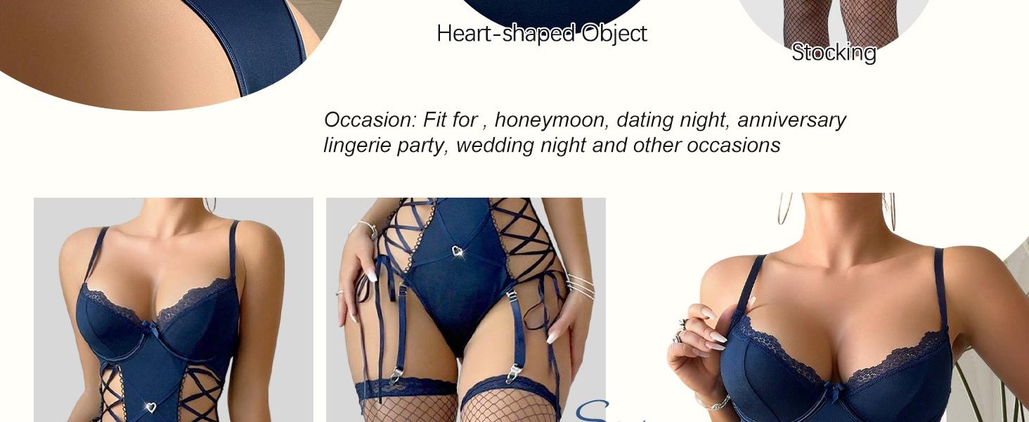 3 Pieces Set Sexy Criss-Cross Lace Up Lingerie Set Bodysuit Bodystocking with Stockings