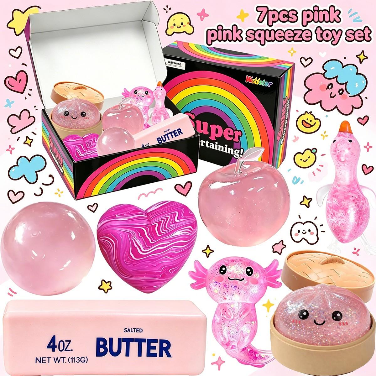 7 Pack Pink Series Glitter Squeeze Stress Relief Toys, Stress Relief Fidgets, Soft Portable Sensory Fidget Balls, Apple Round Ball Swirl Heart Butter Stick Bun Salamander Duck Squishy Toys, Ideal Birthday & Party Gifts for Kids Adults Anxiety Relief