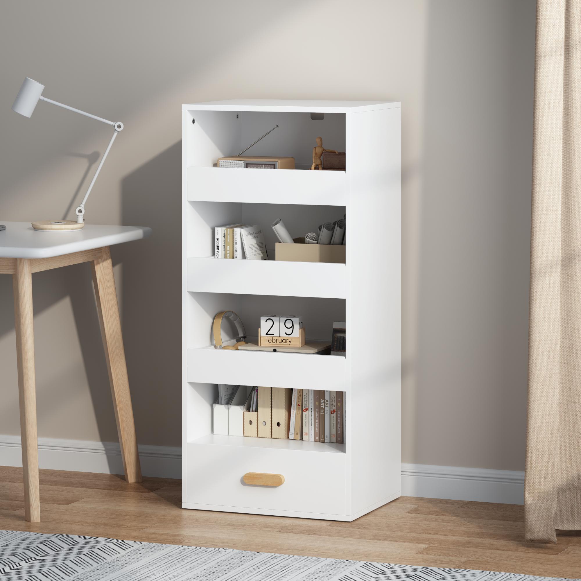 4-Tier Freestanding Bookshelf with 3 Sliding Drawers and 1 Bottom Drawer    RR
