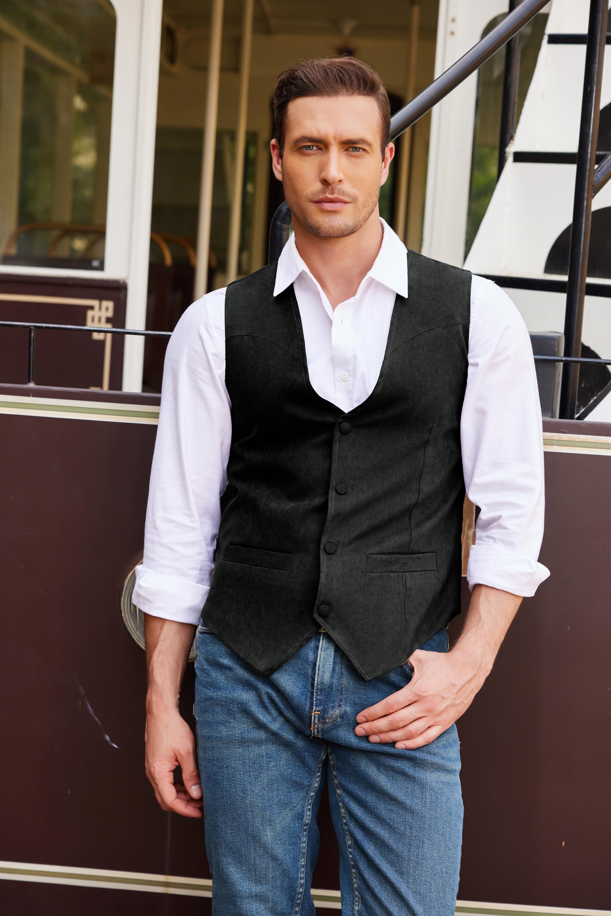 COOFANDY Men's Suede Leather Suit Vest Casual Western Vest Jacket Slim Fit Vest Waistcoat