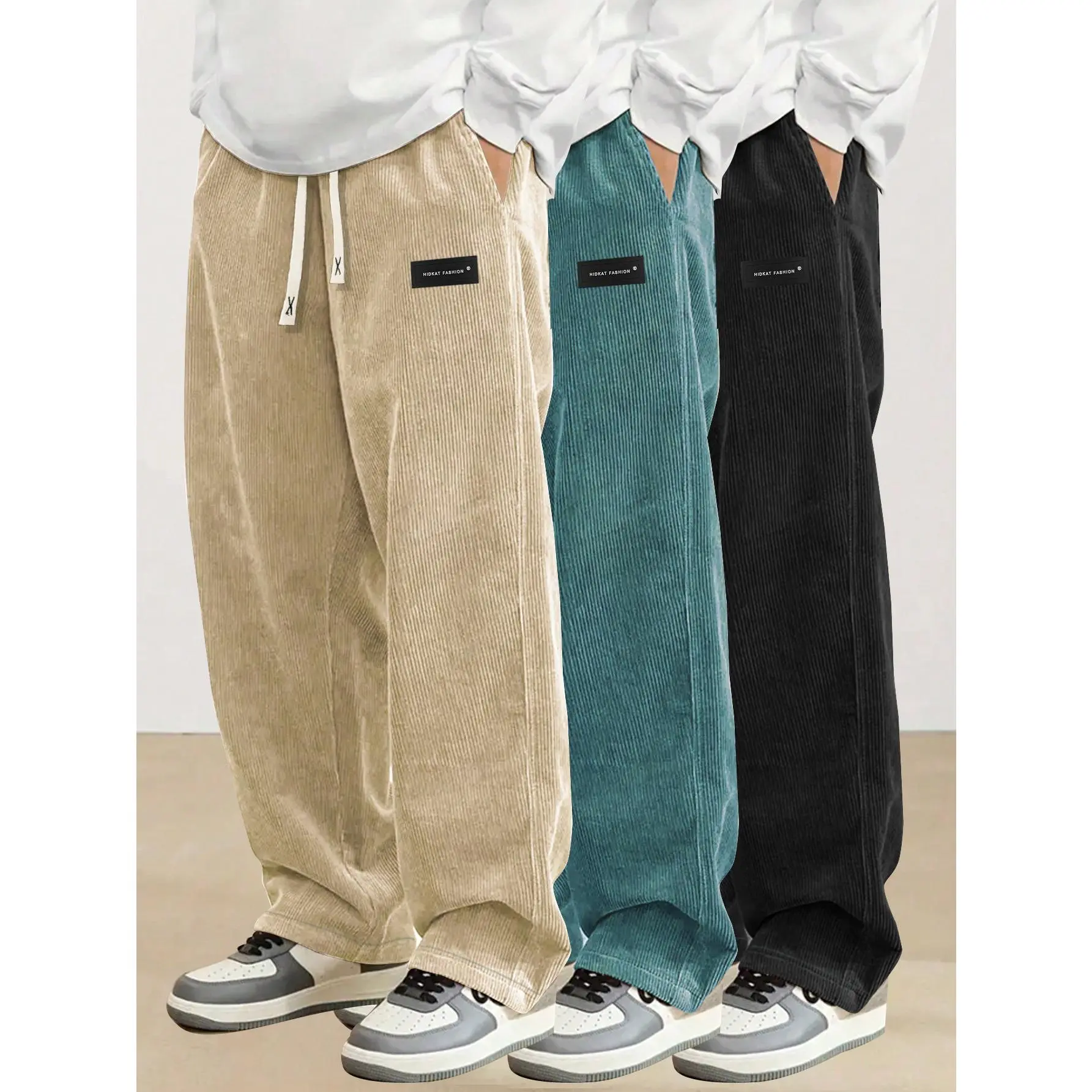 Men's Spring & Autumn Elastic Waist Corduroy Pants, Fashion Drawstring Retro Straight Leg Casual Sweatpants Sports
