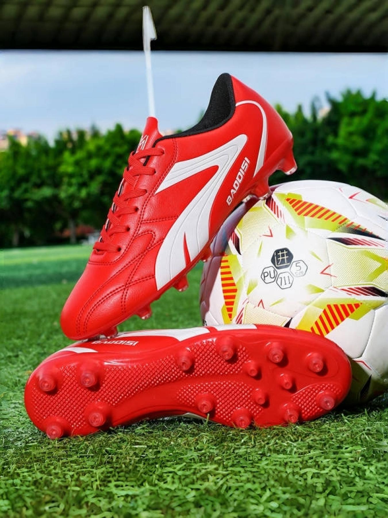 1 Pair Parent-Child White Gold Color Block Long Studs Football Shoes Luxury Competitive Style Leather Material Strong Grip For Parent-Child Football Training And Matches