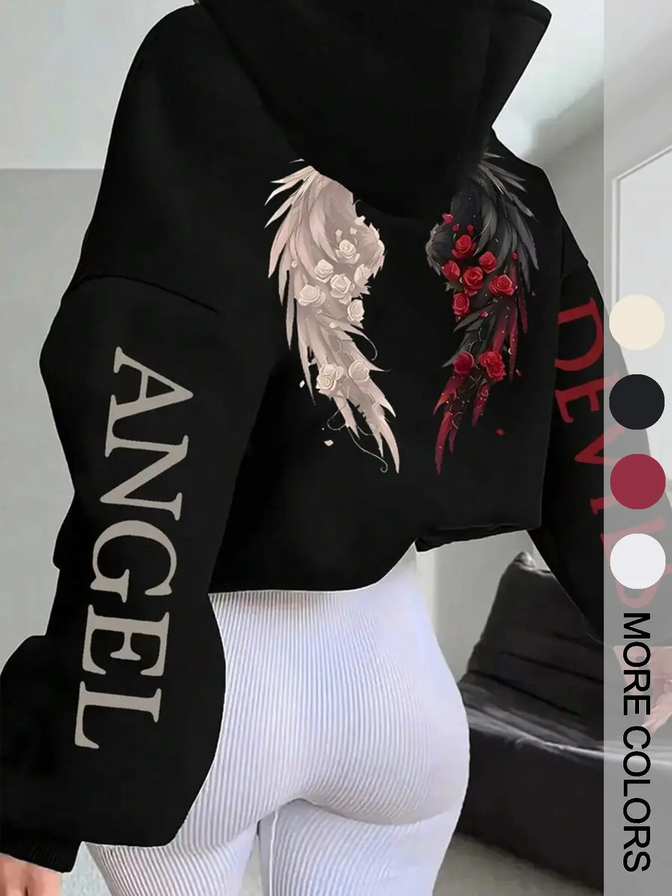 Women's Dark Sweet Cool Style Short Sleeve Hooded Sweatshirt, Angel Devil Letter Print, Loose Fit, All Seasons Casual Wear