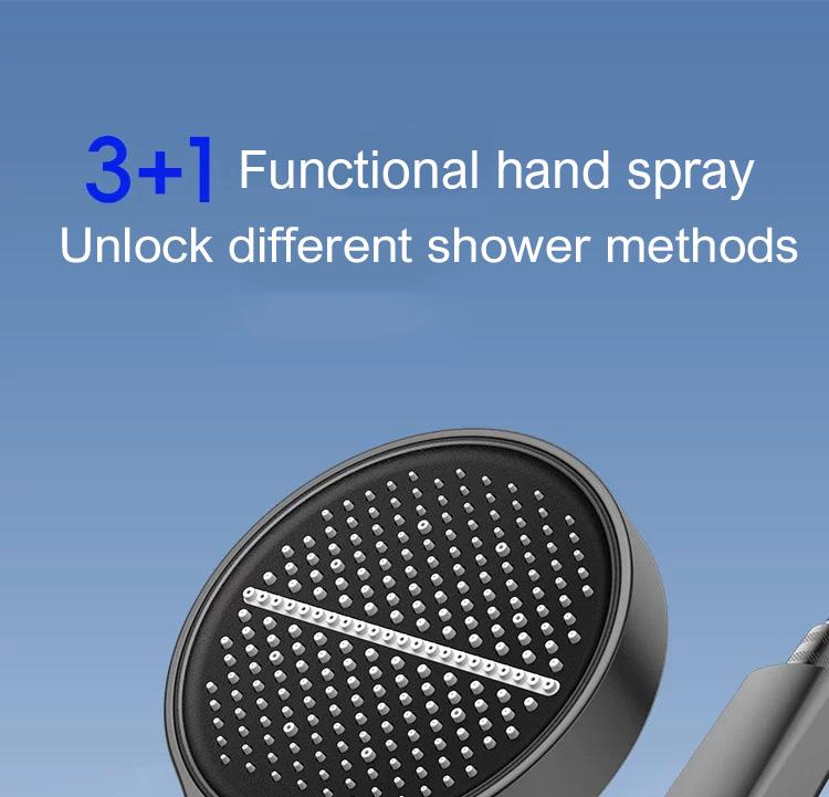 5.9-inch super large panel handheld showerhead features four water modes. It provides a powerful water flow that envelops your entire body and comes with a bracket and a 59in‘ soft hose, silver and gray