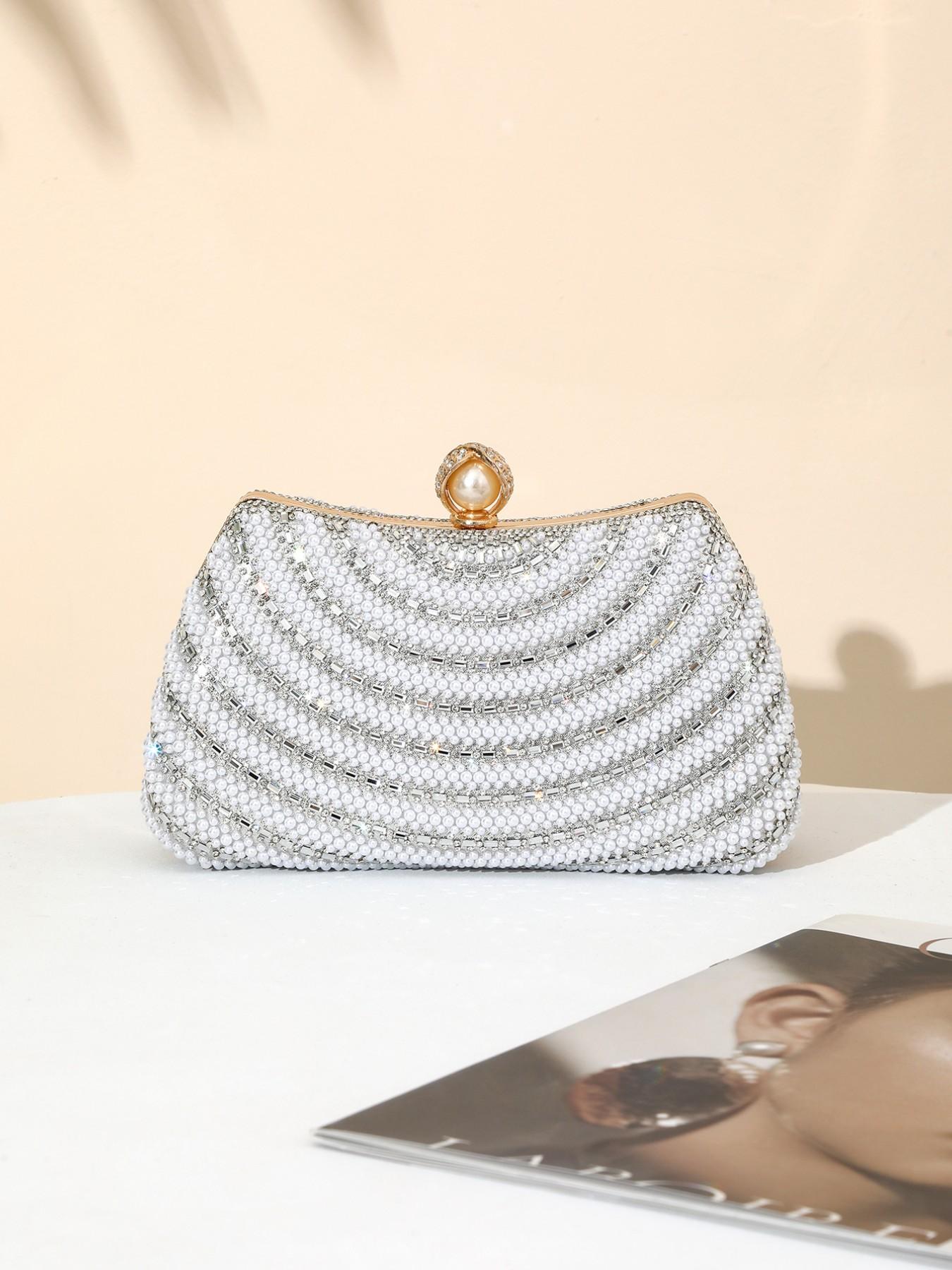 Elegant Pearl Rhinestone Handbag, Evening Party Wedding Bag, Sparkling Chain Design, Luxury Women's Clutch, Perfect for Special Occasions