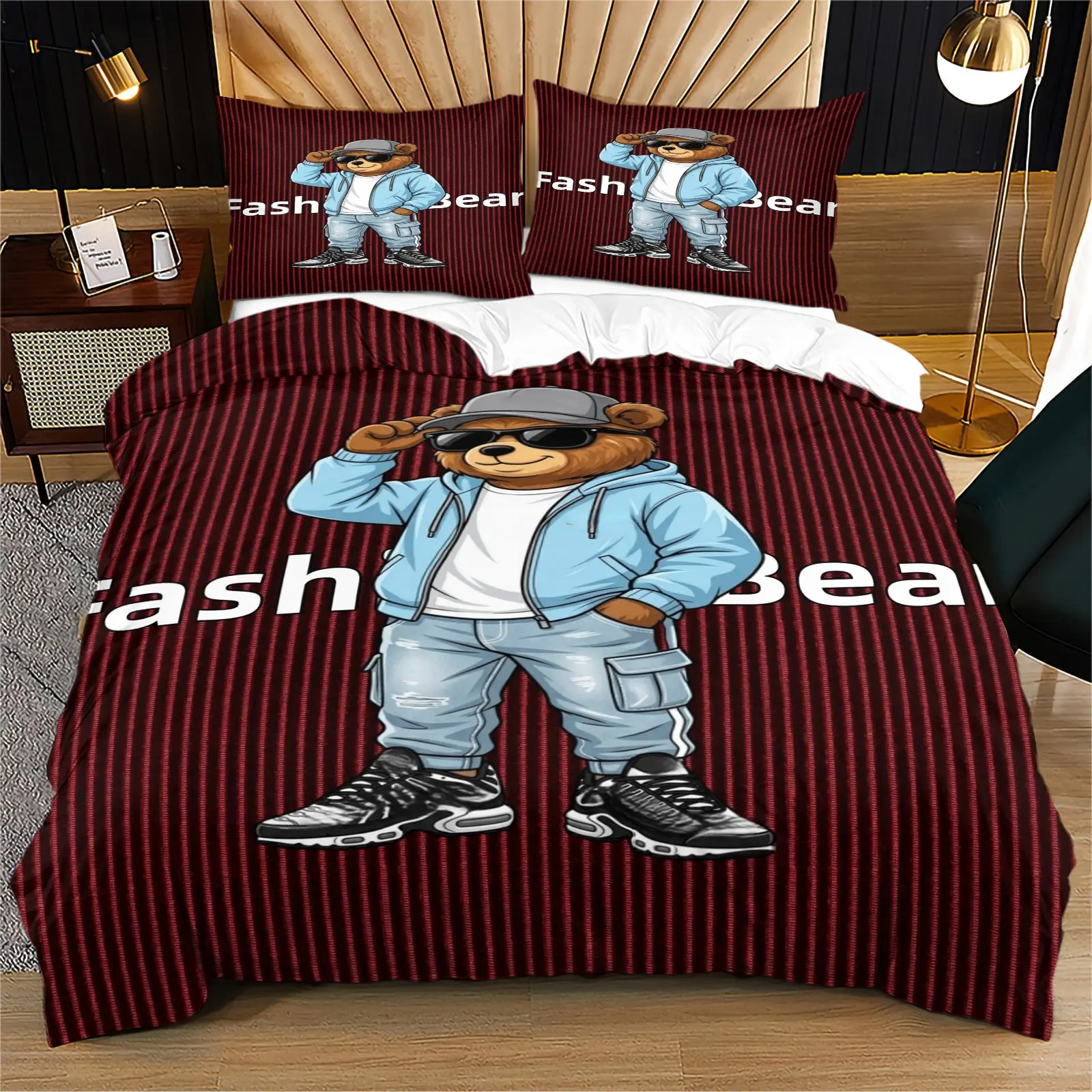 Fashionable Bear Print Soft, Durable and Cozy Bedding Set, Includes 1 Duvet Cover and 1 or 2 Pillowcases, No Pillow or Quilt Insert, Perfect for Children or Adults, Modern Style Bedroom Bed Decor
