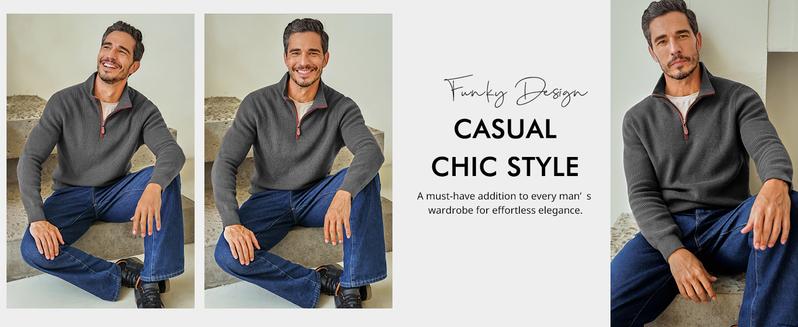 Runcati Christmas Gifts Men's Quarter-Zip Pullover Sweater Casual Mock Neck Winter Warm Ribbed Polo Sweaters Knitwear Classic Tops