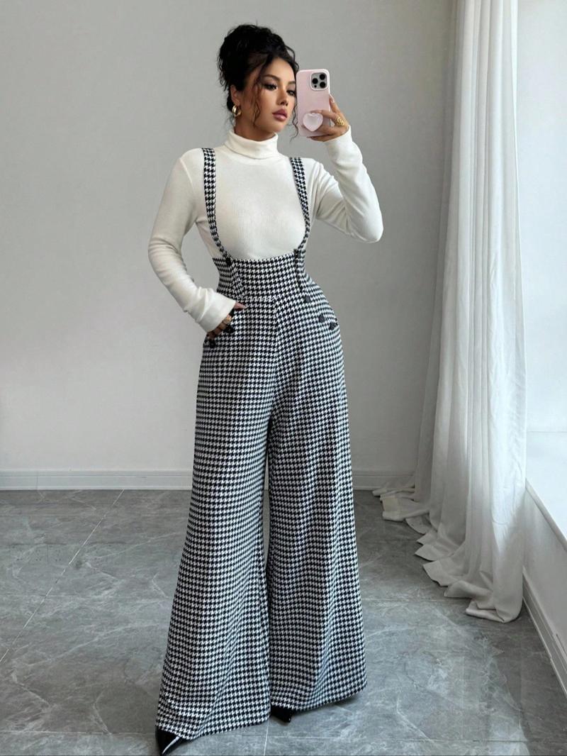 Women's Knitted Plaid Print Belted Pants, Elegant Fall/Winter Fashion, Long Pants with Front Zipper and Pockets, Casual Commuter Wear