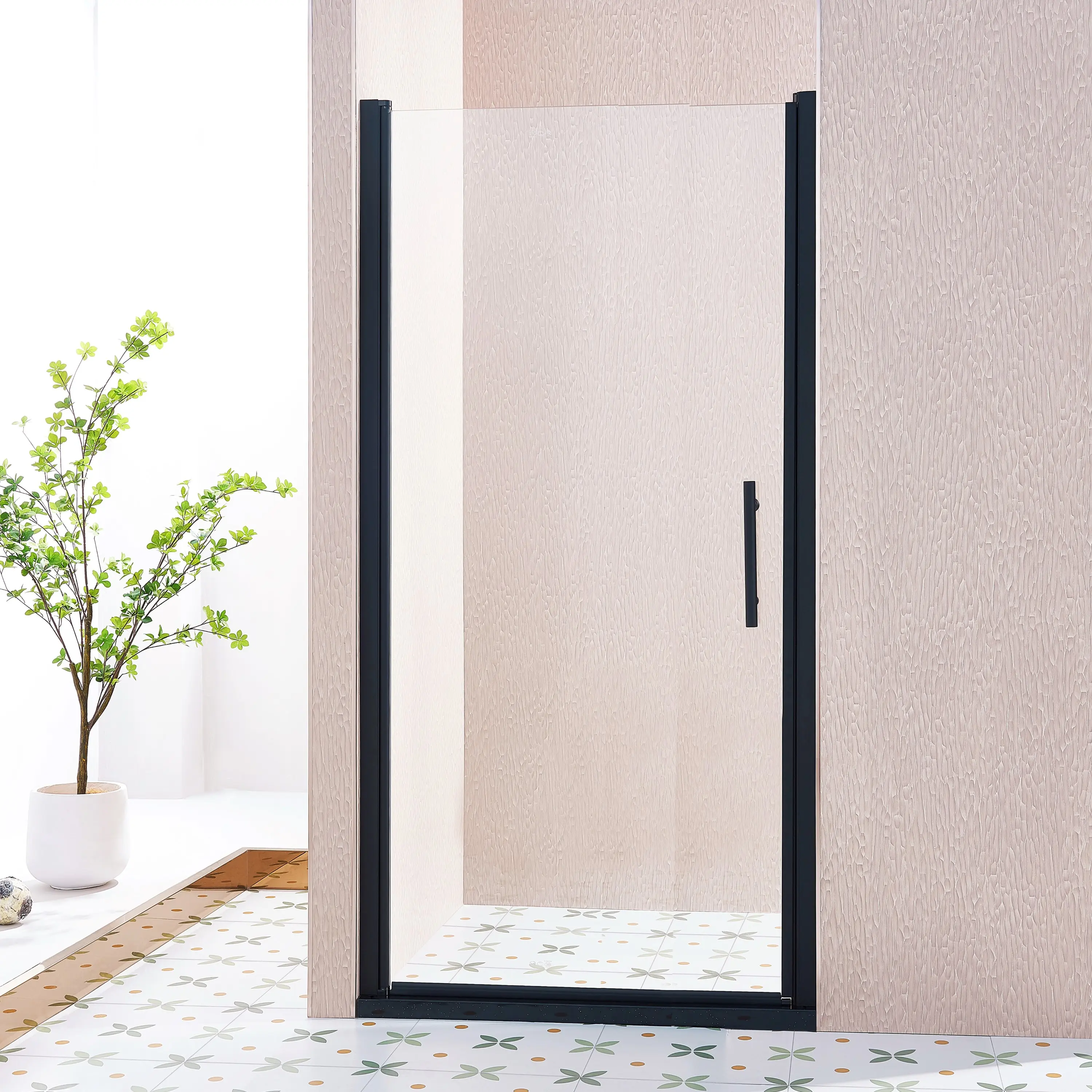 Nokaa Pivot Single Swing Shower Door 34-35.5"W x 75"H Matte Black Aluminium Alloy Frame 1/4" 6mm SGCC Tempered Clear Glass Frameless Reversible Left/Right Outswing/Inswing Bathroom Partition with Soft Close Hardware, Matte Black