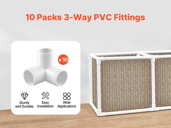 VEVOR 3-Way PVC Fittings, 1-inch PVC Pipe Joints Elbow Connector, 10-Pack Furniture Grade PVC Tee Fittings for DIY Storage Rack, Animal Cage, Pool or Garden Support Frame, Impact Weather-Resistant