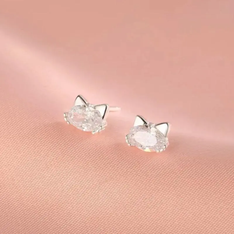 Cute Retro 925 Sterling Silver Bowknot Animal Inlaid Zircon Cat Stud Earrings for Women Charm Party High Quality Jewelry Gifts