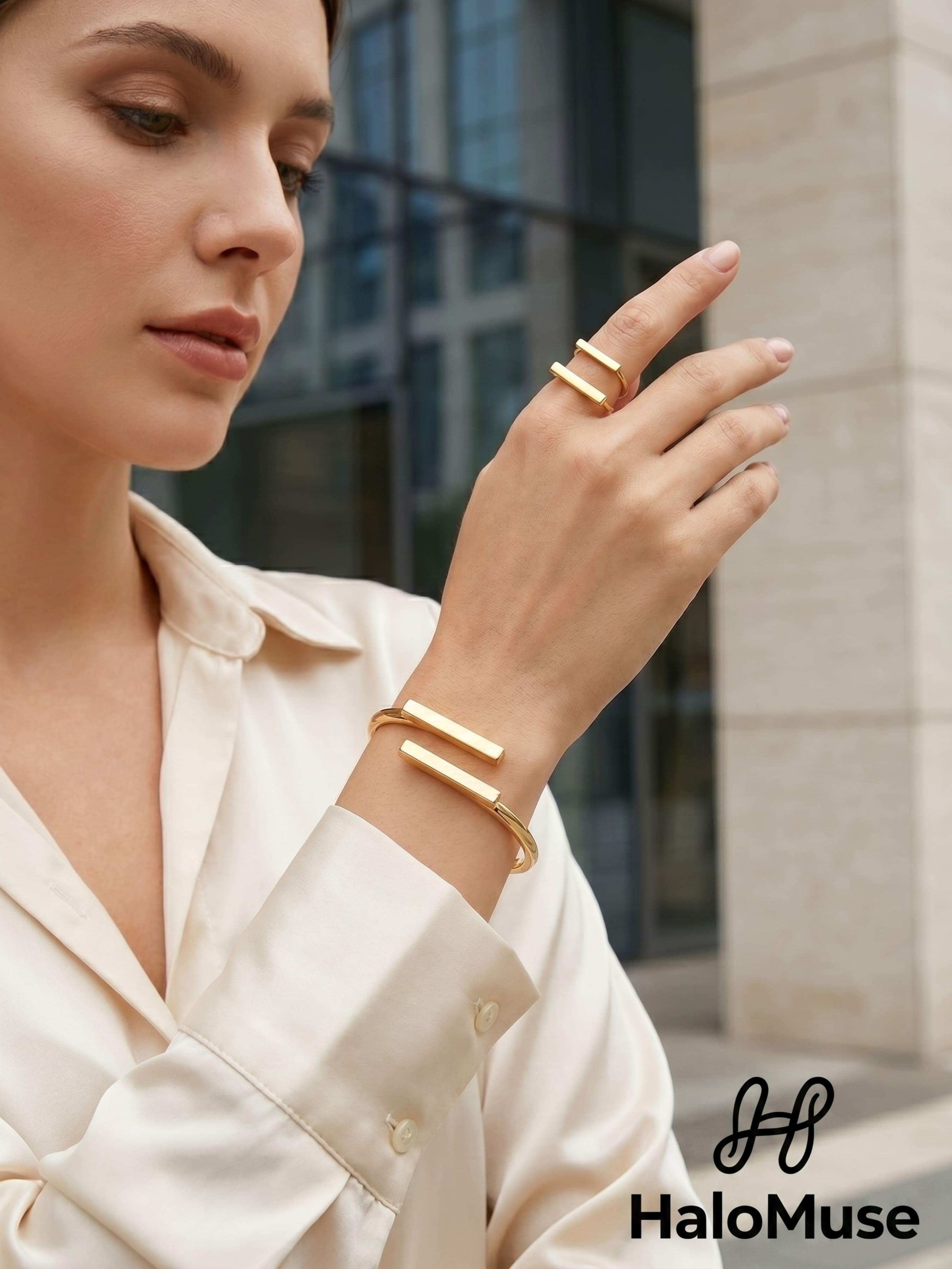 Minimalist Geometric Linear Gold-Plated Bracelet & Ring Set, Luxe Versatile Jewelry for Daily Commute & Date Nights