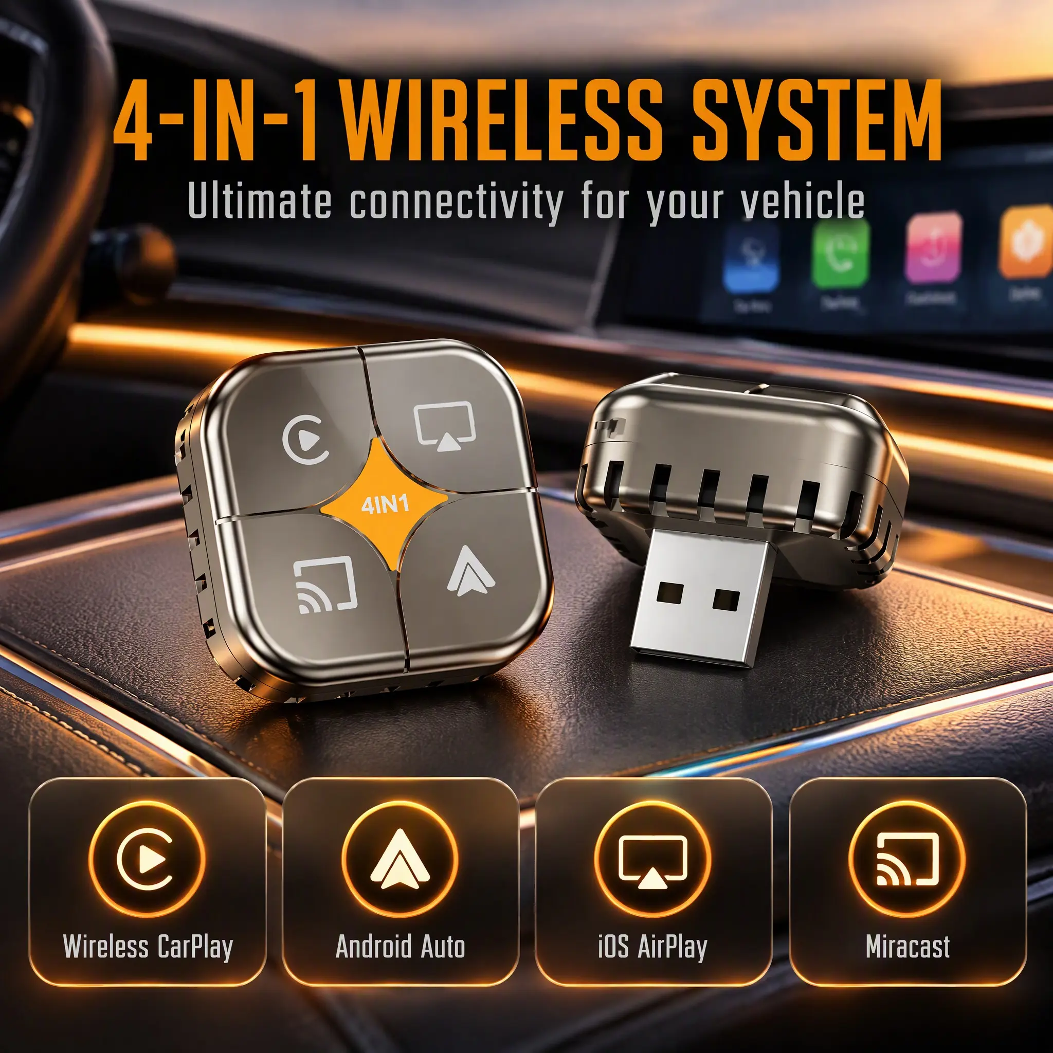New Upgrade 4-in-1 Wireless CarPlay Adapter - Compatible with iPhone/Android | Fast Connection, Hands-Free Calling, AirPlay, Mirror Link, Netflix, YouTube. Type-C Adapter, Bluetooth 5.0 Fast Transmission, Ultra HD Stereo Sound, Wirefree Carplay Adapter