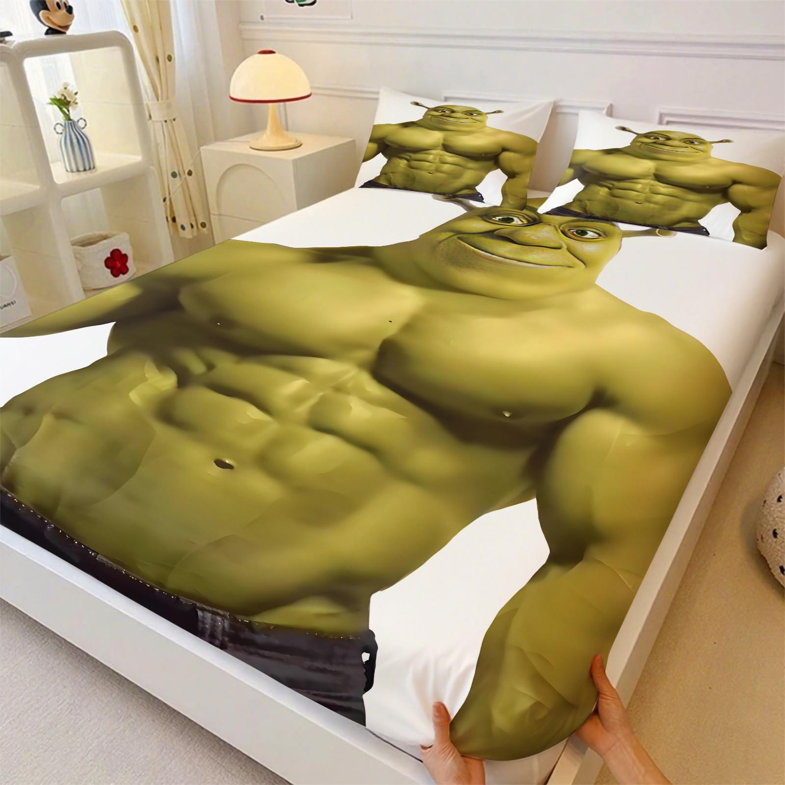 3 Piece Shrek Pattern Fitted Sheet Set, Soft And Durable Bedding Set, Including 1 Piece Flat Sheet And 2 Pieces Pillowcases, Suitable For Children And Adults Daily Holiday Birthday Gifts Bedroom Decorations