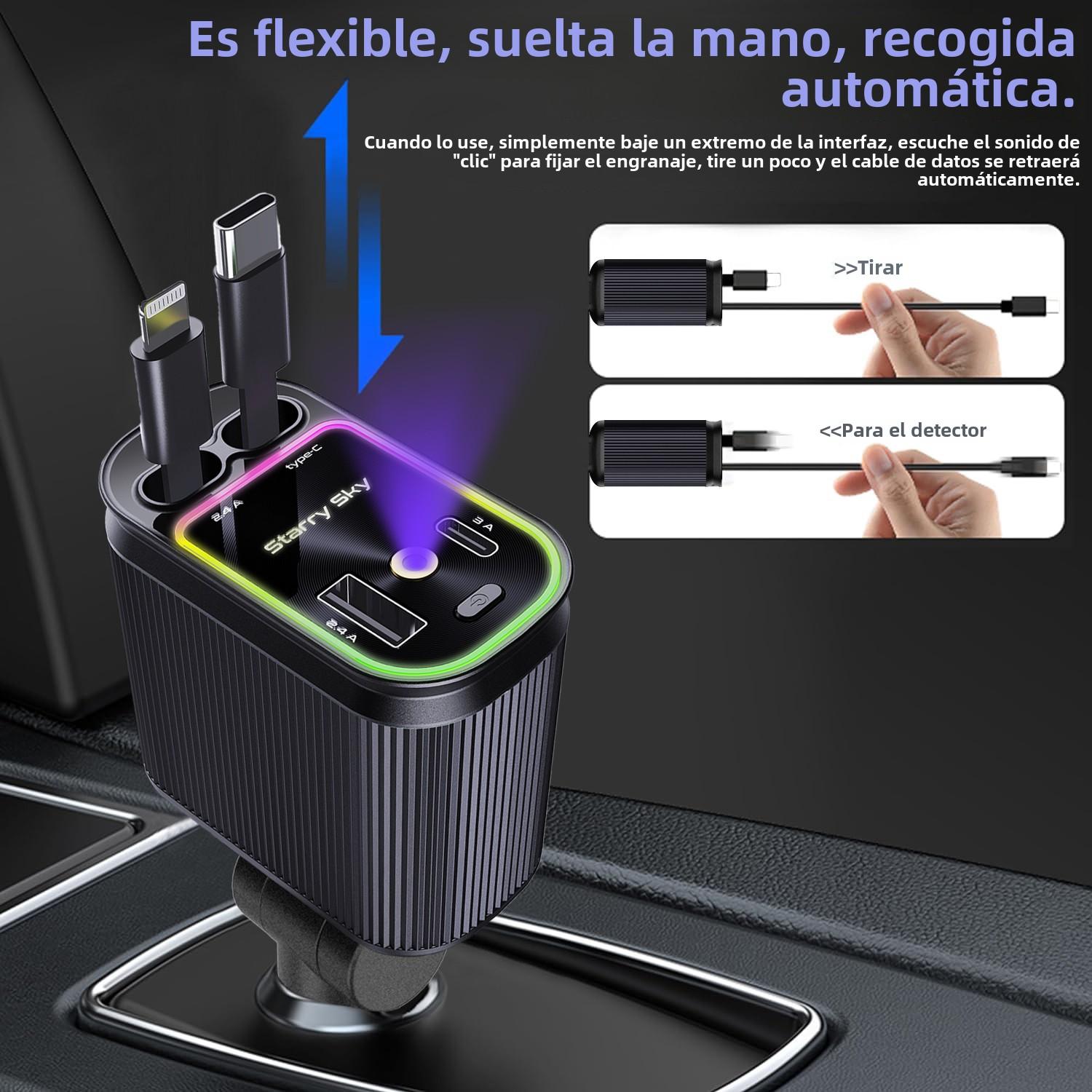 Fast car charger with Starlight 4-in-1 Retractable Car Charger With built-in double cable Voltage Display 31.5 Inch Range Built-in Starlight Projector