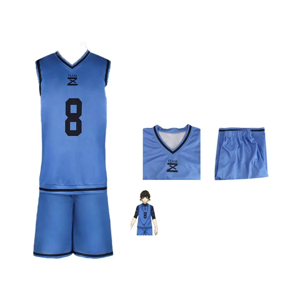 Blue Lock Anime Bachira Meguru Cosplay Uniform Suit - Men's Blue Short-Sleeve 1 Jersey, Shorts, Football Fashion Athletic Bodysuit for Halloween, Christmas Parties, Cosplay Set
