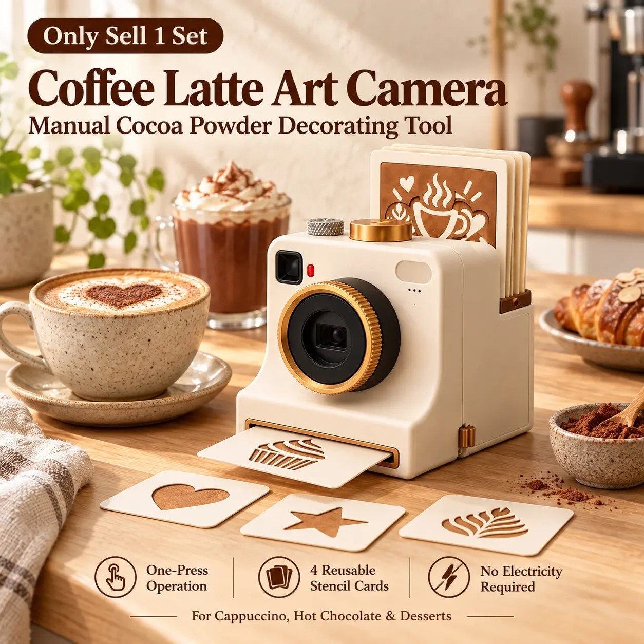 1 Set 3D Printed Coffee Printer Latte Art Camera, Manual Coffee Latte Art Stencil Printer with 4 Reusable Pattern Cards, Camera-Shaped Powder Decorating Tool for Cappuccino, Hot Chocolate and Desserts, Home Kitchen and Cafe, Coffee Making Tools