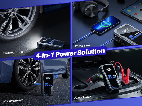 AUTOONE 12800mAh Jump Starter with Air Compressor (10L Gas/8.0L Diesel), 150PSI Car Battery Jumper Starter Portable, 4000A Jump Box Tire Inflator with LED Flashlight, LCD Display, Storage Case