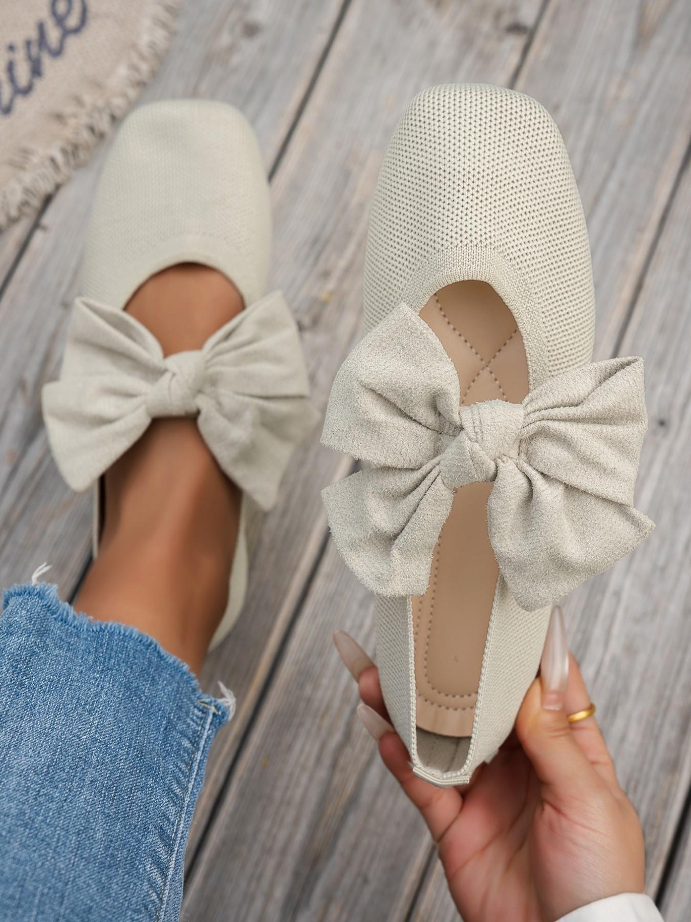 Women's Knitted Shoes, Retro Square Toe Mary Jane Flats, Comfortable Low Heel Single Shoe, Fashion Commuter Shoes with Large Bow Decor Women's Knitted Shoes, Retro Square Toe Mary Jane Flats, Comfortable Low Heel Single Shoe, Fashion Commuter Shoes with Large Bow Decor
