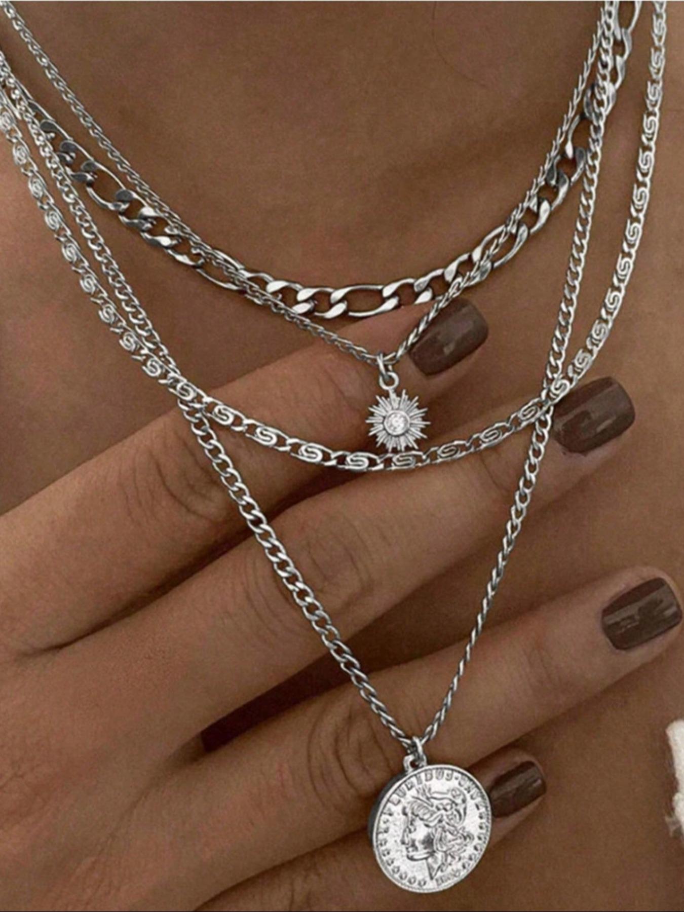 Bohemian Multi-Style Women's Artificial Gemstones & Coin Pendant Layered Design Necklace, Jewelry Gift, Trendy Charms Necklace