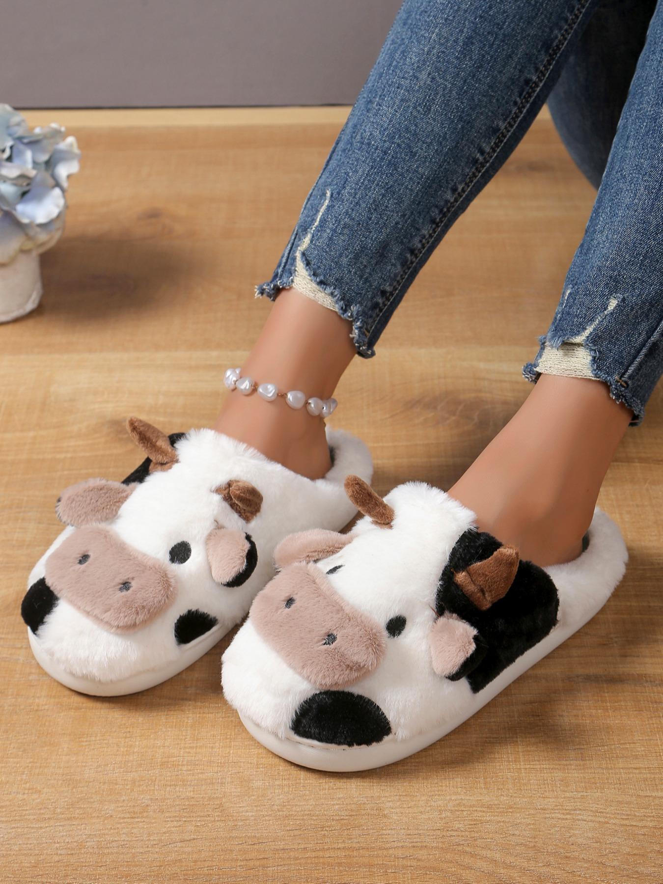 Women's Cute Cow Design Plush Slippers, Warm Bedroom Soft Slippers, Indoor Outdoor Silent Non-Slip Slippers, Casual Animal Pattern,Christmas Gifts For GF