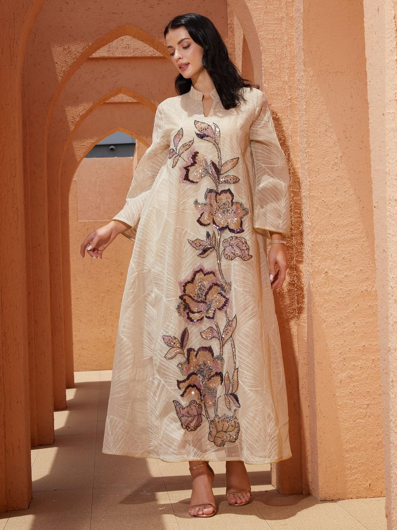 New Mesh Embroidery Dress Muslim Long Robe Ethnic Clothing Heavy Patchwork Stitching, Stylish & Comfortable Design