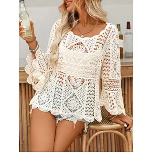 Women's Hollow Out Knit Cardigan, Long Sleeve Round Neck, Beach Vacation Travel Casual Wear, Elegant All-Season Outerwear