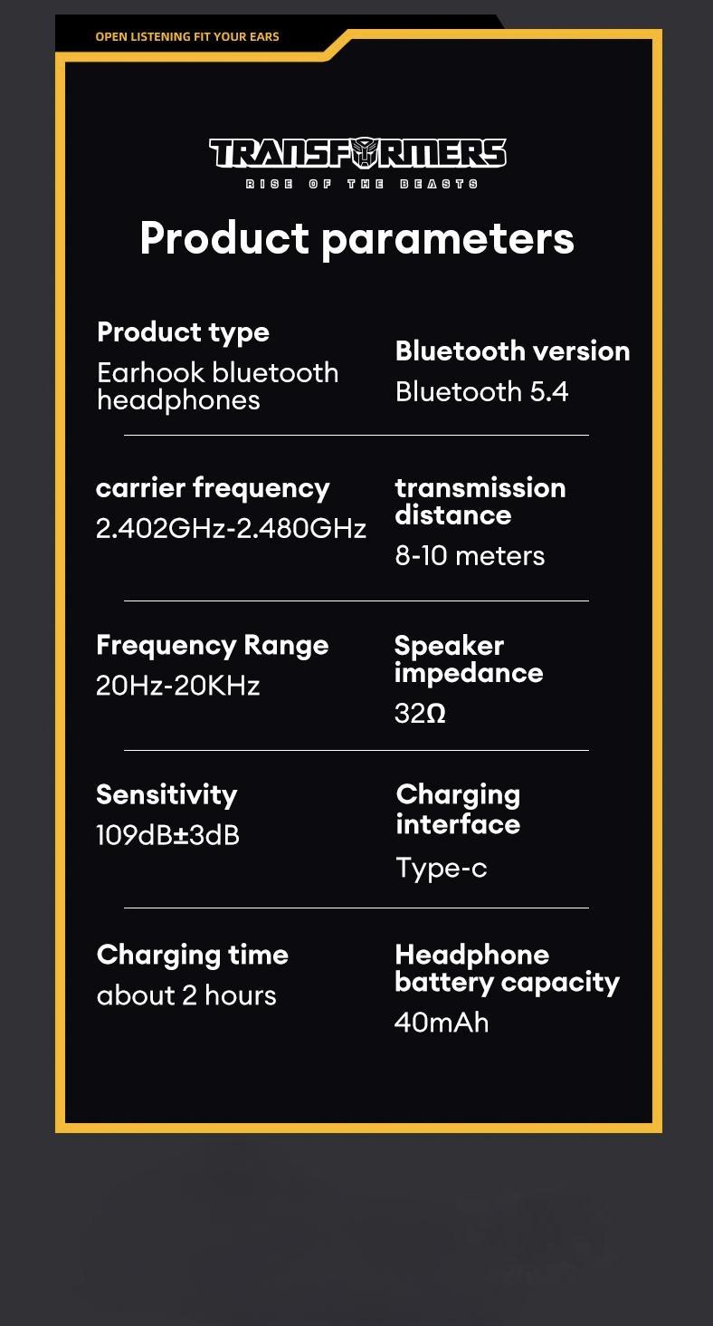 Transformers TF-T07 OWS Wireless Bluetooth 5.4 Headphones, Breathable Open Ear Earbuds with Earhooks,  Sport Earbuds with Mic Compatible for Android/iOS