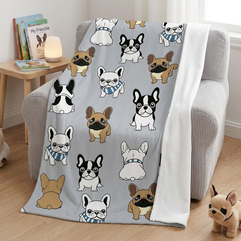 1 Pc Cozy French Bulldog Pattern Blanket for Naps and Relaxation – Perfect for Bedrooms, Sofas, and Camping – Cute and Stylish Cover for Ultimate Comfort