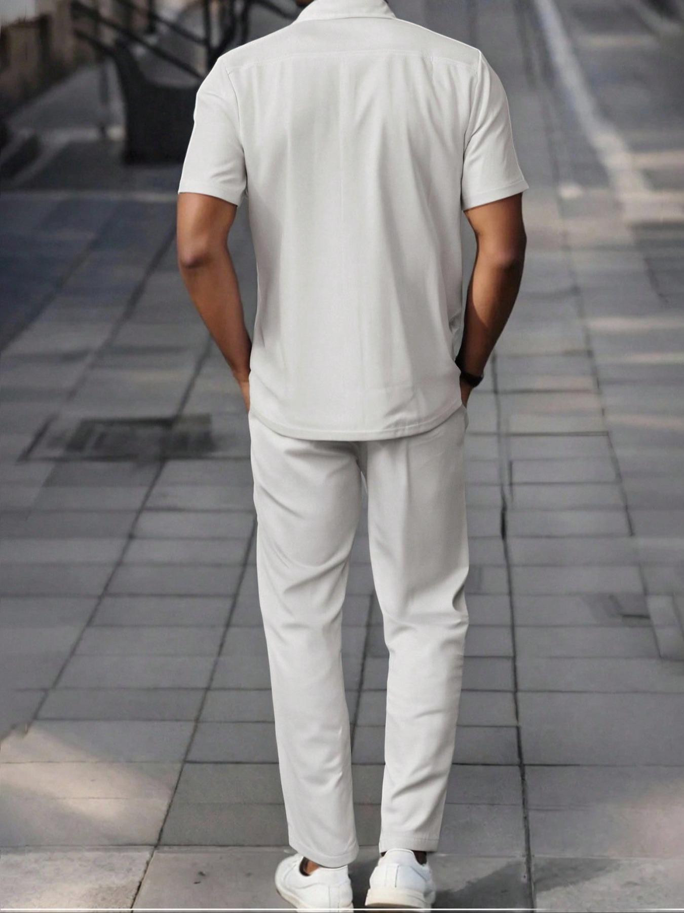 Men's Two-Piece Set, Menswear Short Sleeve Plain Shirt & Long Pants, Casual Button Collar, Comfortable Summer Wear, High-Quality Leisure Clothing, Outfits