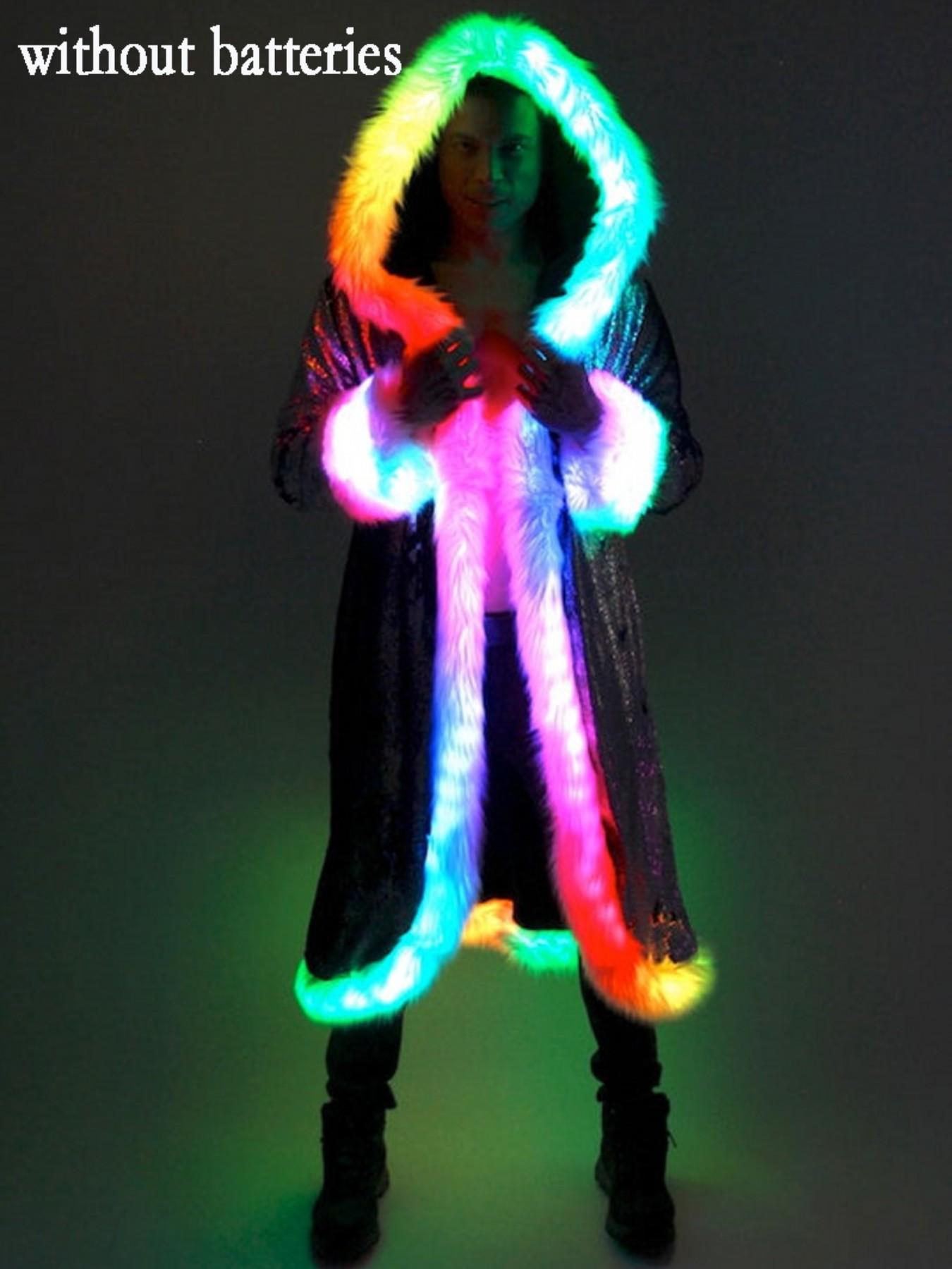 Men's LED Glow Hooded Jacket, Faux Fur Style, Colorful Light Strips, Plush Trim, Sequins, Festival Party Night Outwear