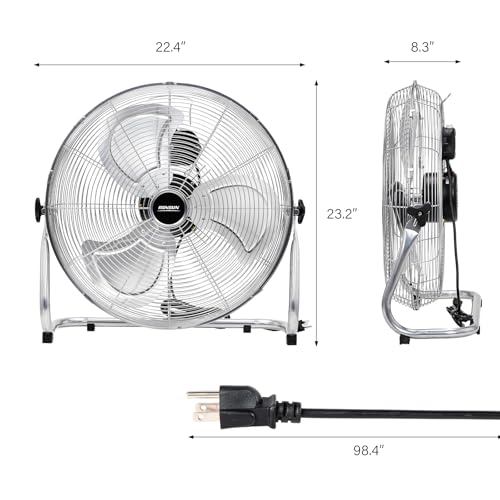 ROVSUN 20'' Floor Fans, High Velocity Heavy Duty Metal Industrial Floor Fan for Commercial & Residential, High Power Fan with Adjustable Tilt, Metal Box Fan for Garage, Gym, Bedroom, Shop, UL Listed