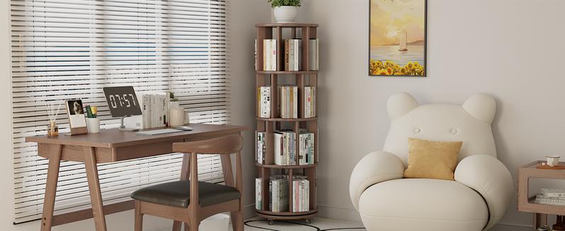 【School】100% Solid Wood - No MDF, Rotating Bookshelf on Wheels, Spinning Bookshelf Tower 360° Display Unique Round Bookcase for Home Study and Office Organization Furniture Stand