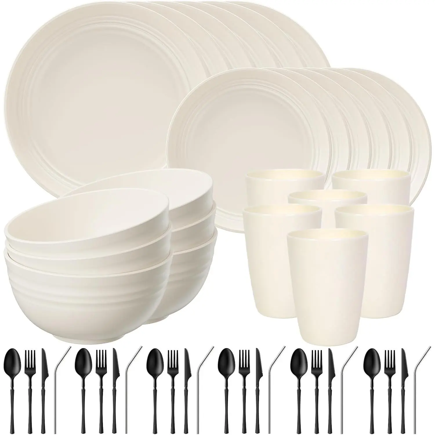 48-Piece Plastic Dinnerware Set for 6, Plates & Bowls Set, Beige Dishware Set for Everyday Dining, Kitchen & Family Use