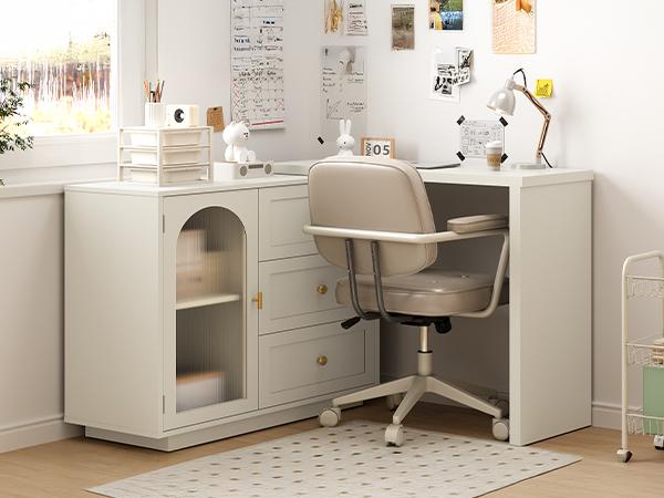RoyalCraft Makeup Vanity Desk with Drawers, Large Extendable Corner Table for Working,Studying,Drawing, Sewing, and Nail Care, Modern Dressing Table & Home Office Desk for Bedroom, Makeup Vanity Without Mirror (White,beige)