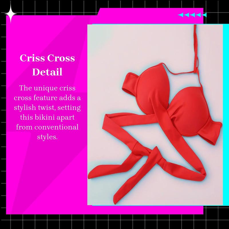 Women's Solid Sexy Criss Cross Bikini Set, Casual Halter Tie Back Swim Bra & High Waist Swim Panty, Push Up Swimsuit for Women, Summer Lace-Up Swimsuit For All Season, Two Piece Bandage Bathing Suits 2026,Fitted Cut-Out Beachsuit, Criss Cross Swimsuits .