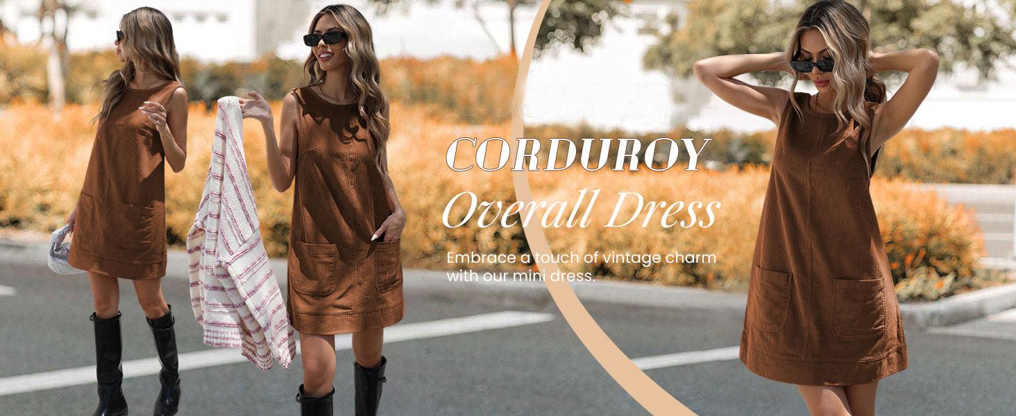 Women's Corduroy Overall Dress Round Neck A Line Skirtall Jumper Mini Dress Pinafore with Pockets#TikTokShopBlackFriday