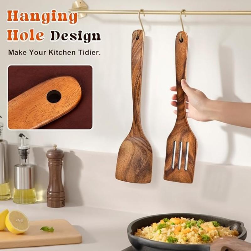 Premium Teak Cooking Utensils Set, Non-Stick Pot, Heat Resistant, Ergonomic Handle, Comfortable Grip, Suitable for Stirring
