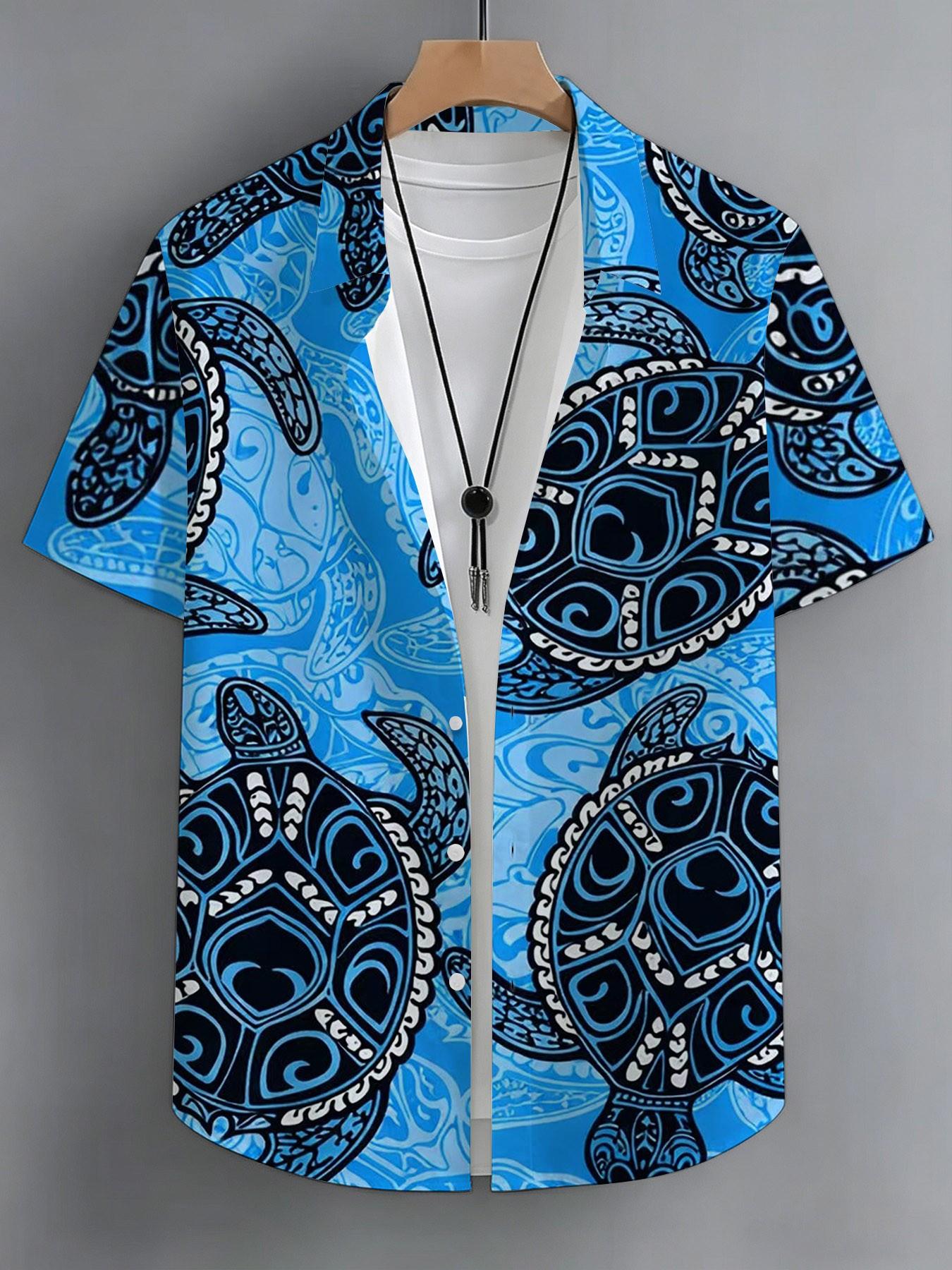 Men's Hawaiian Tropical Vacation Short Sleeve Collared Casual Shirt, Hawaiian Tropical Patterns, Blue Bottom Tribe Totem Turtle Print, Menswear