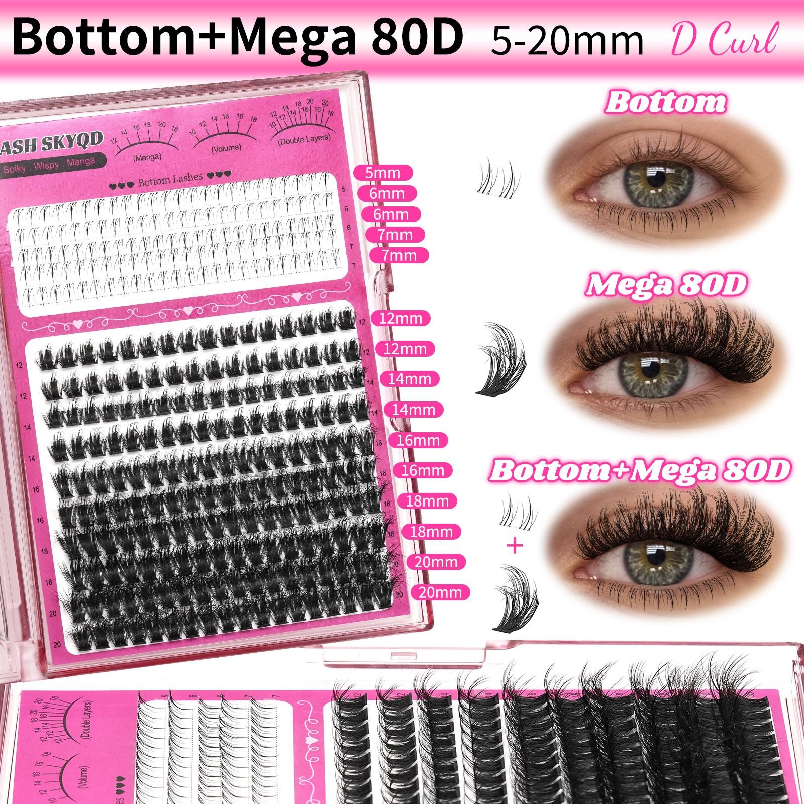 LASH SKYQD 472pcs 4 Styles D Curl False Eyelash Cluster Kit, Bottom/Spike/Mega 100D/Mega 80D Volume Lash Extensions Kit With Lash Bond and Seal Tweezers, Perfect for Beginners & Proficient, DIY at Home Easily, Easy Apply for Makeup Daily