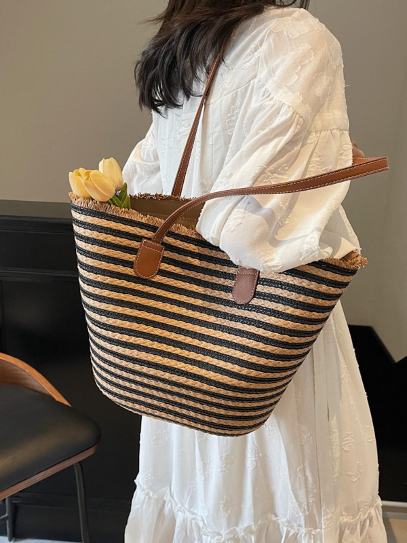 2026 New Casual Simple Large Capacity Bag, Beach Vacation Straw Basket Bag, Striped Shoulder Tote Bag, Elegant Style