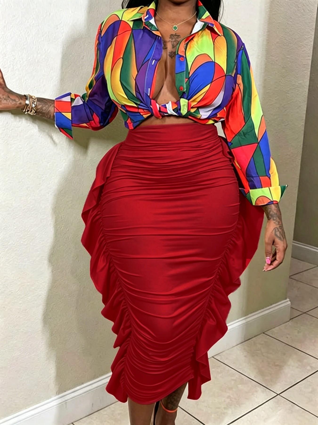 Spring Autumn Women's Solid High Waist Ruffle Bodycon Fit Midi Skirt, Casual Daily Wear, Vacation Style, Chic, Elegant and Comfortable