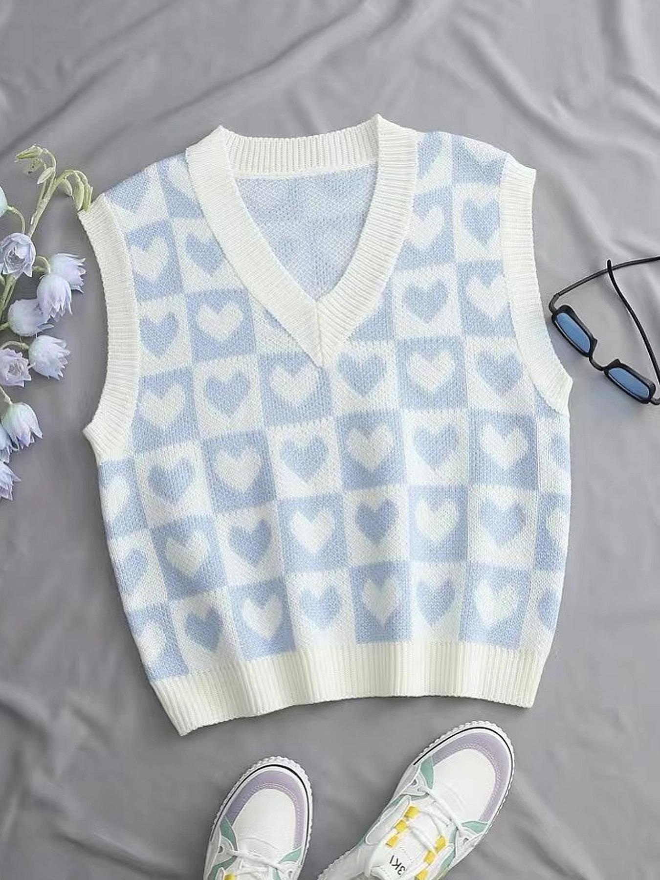 Women's Heart Print V Neck Sweater Vest, Casual Comfy Sleeveless Knit Top for Daily Outdoor Wear, Women Knitwear for Spring & Fall