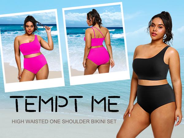 Tempt Me Women Plus Size High Waisted Bikini Two Piece One Shoulder Swimsuit Plus Size Full Coverage Bathing Suit