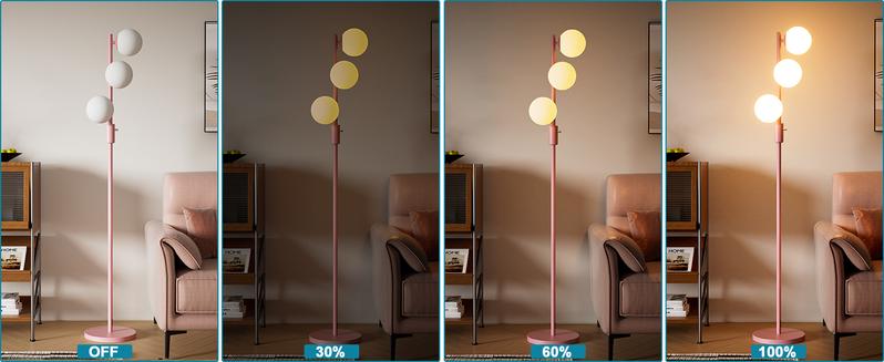 Lightdot Dimmable (Brightness Adjustable) Globe Floor Lamp, Pink Pole Standing Lamps with 3PCS 3000K G9 Bulbs, Mid Century Modern Floor Lamp for Living Room