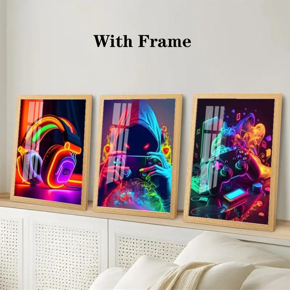 3-Piece Optional Wooden Frame Punk Style Gamepad Gaming Room Theme Art Poster Waterproof Premium Thick Canvas High Saturation Accurate Contrast Boys Room Decor