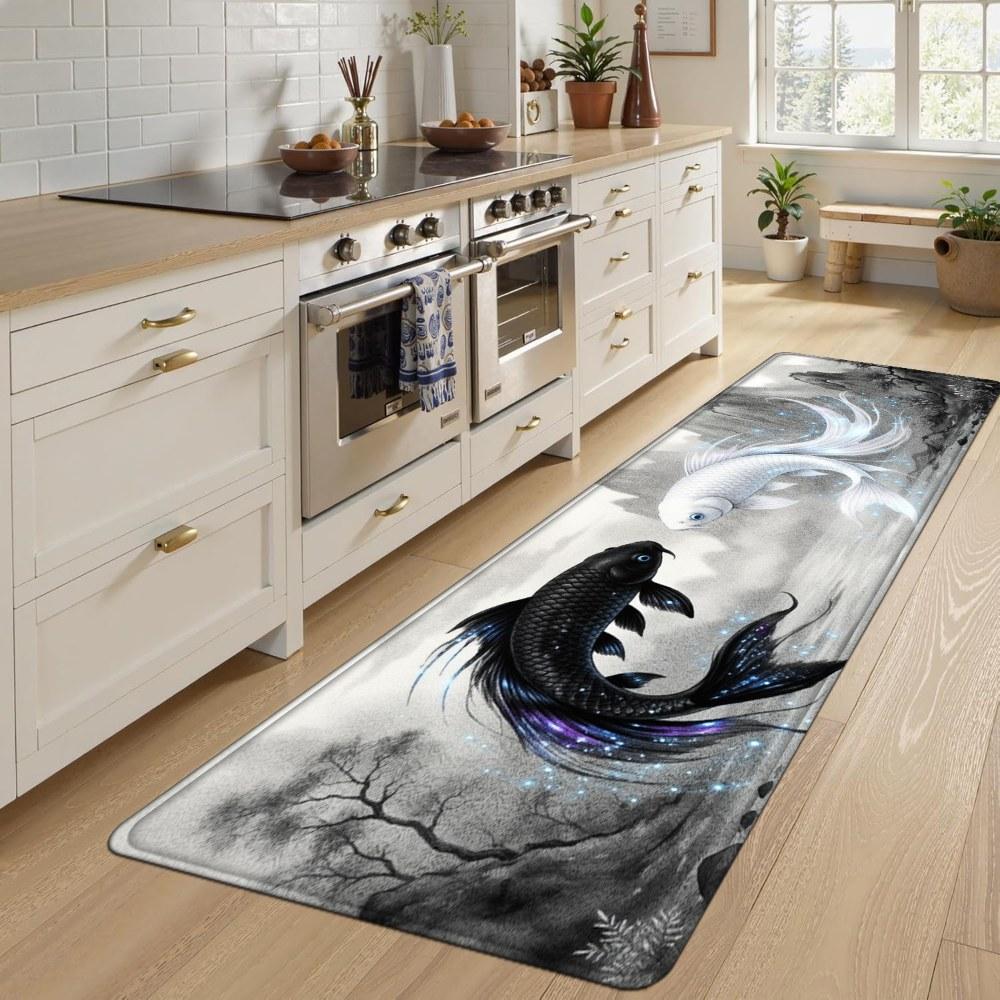 1PC， Black and White Double Fish in Ink - Wash Style Patterned strip rugs, home décor, bathroom mats, entryway mats, bathroom non-slip mats, indoor entrance rugs, bedroom bedside mats, kitchen mats, hallway rugs, flannel sponge rugs, hallway runner rugs