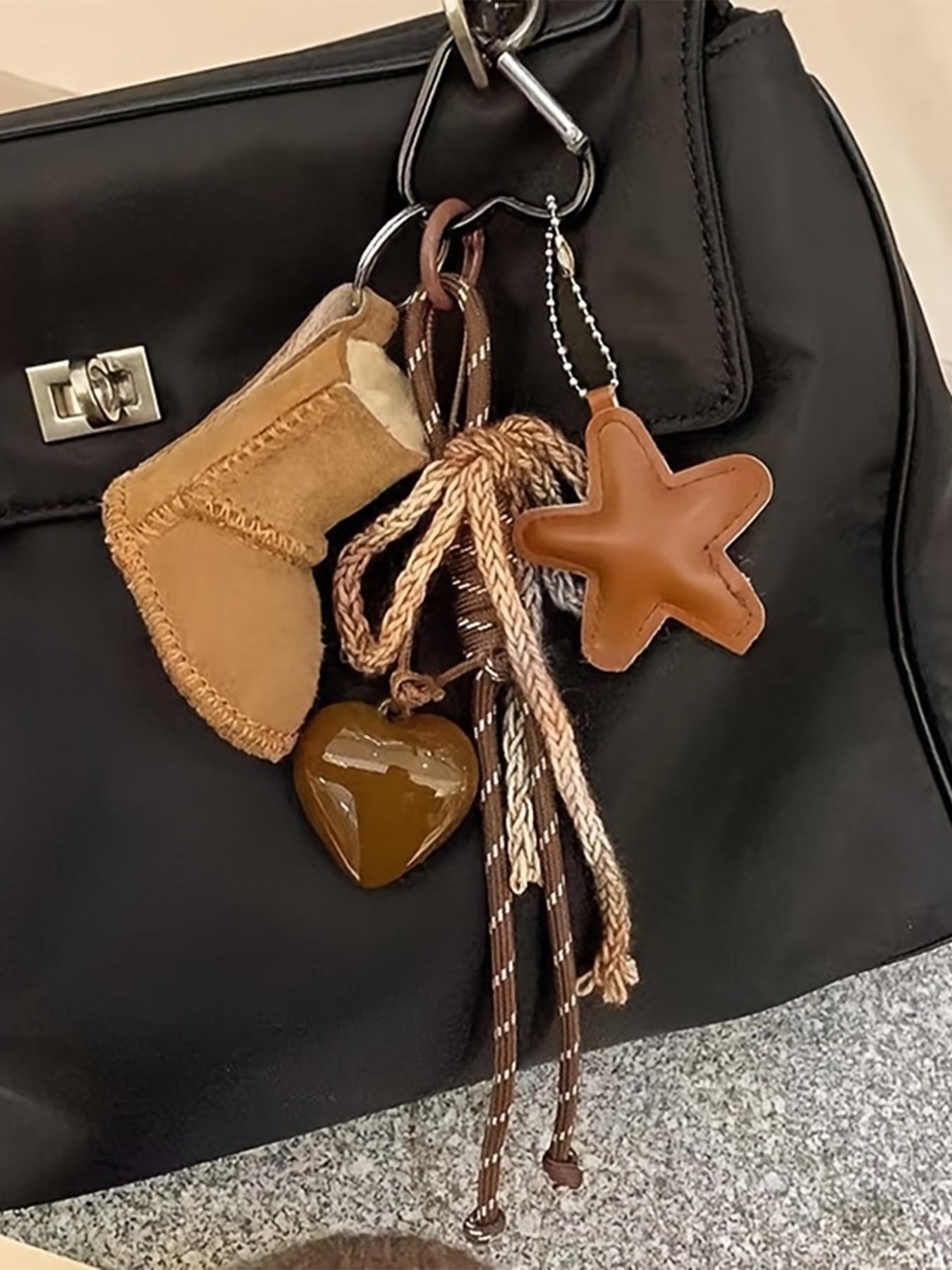 Fashion Star and Heart Keychain, Braided Rope Bag Accessory, Handbag Charm, Holiday Gift, Cute Style, All Seasons