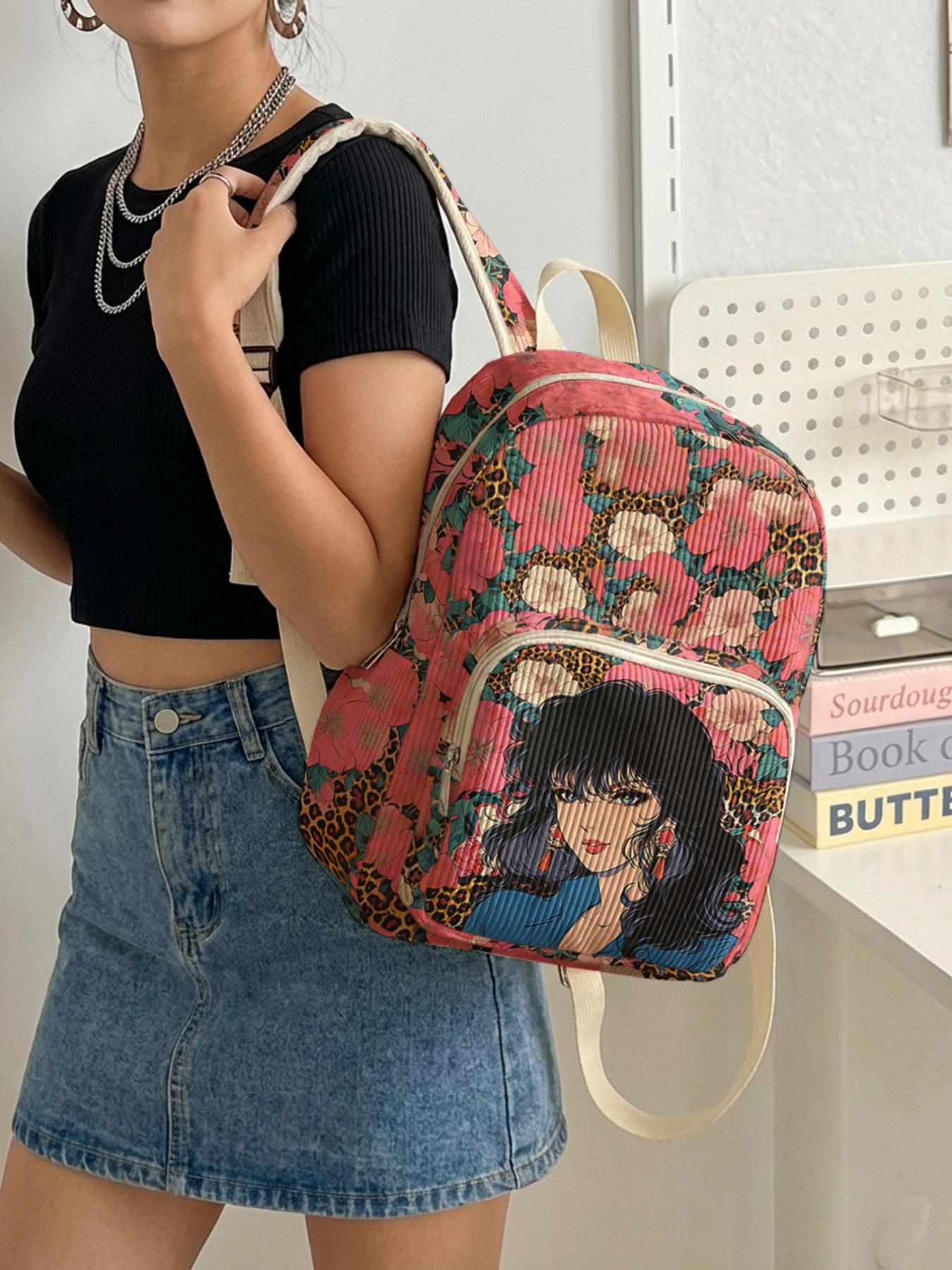 1 piece of woman in the flower bed pattern 2D printed lady's backpack, corduroy texture + layered storage + light weight reduction | perfect for students going to class/shopping/short trips | combining atmosphere and practicality Lightweight Backpack