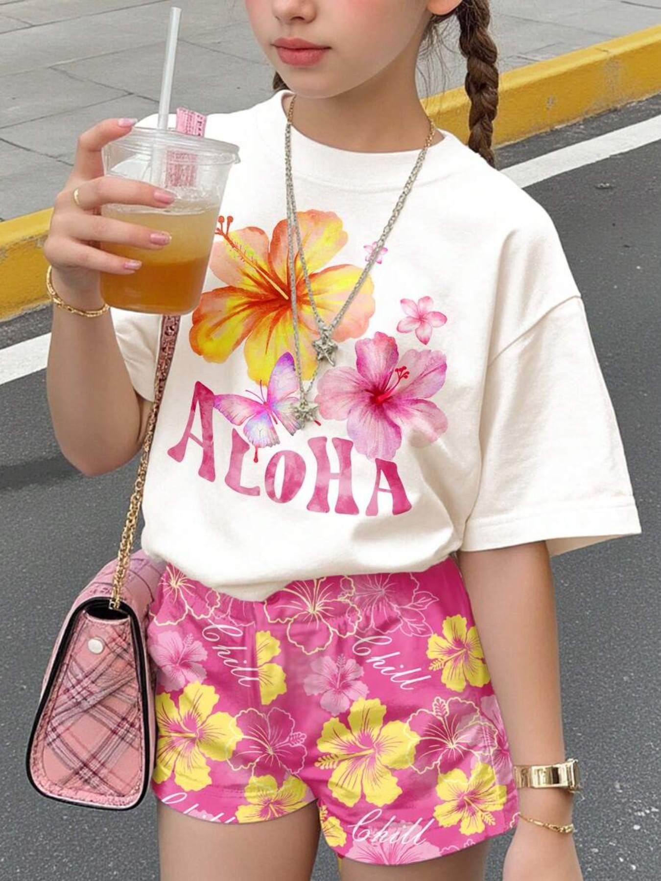 Girls Vibrant Floral Print T-Shirt and Shorts Set, Summer Outdoor Campus, Fashionable Trendy Casual Wear, Loose-Fitting Suit, Tropical Print Set, Summer Clothes Set